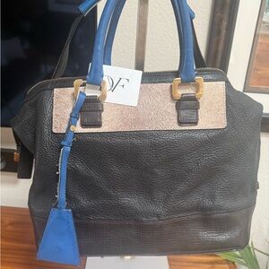 Diane Von Furstenberg Drew patchwork black Leather Satchel with Blue Handles